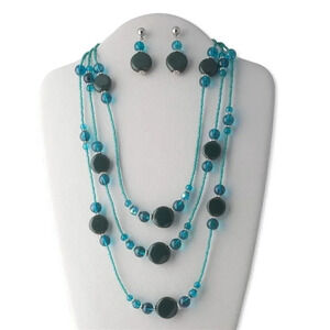 Handcrafted Ocean Hues Blue Green Porcelain Glass Necklace Earrings Jewelry Set